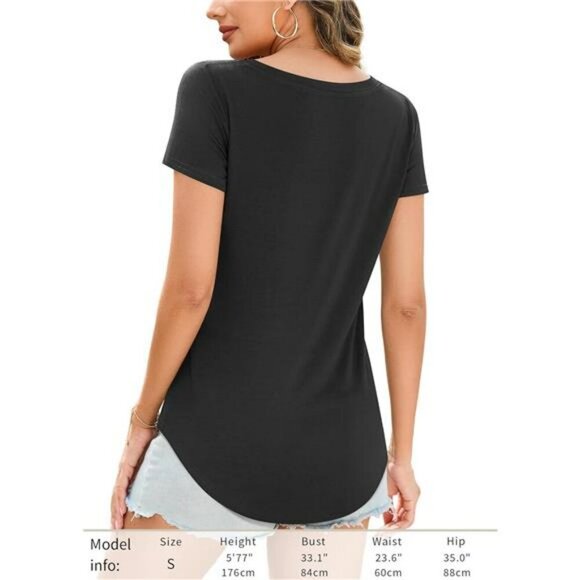 Womens v neck tunic top curved hem casual loose fit t shirt short sleeve tee - Picture 2 of 7